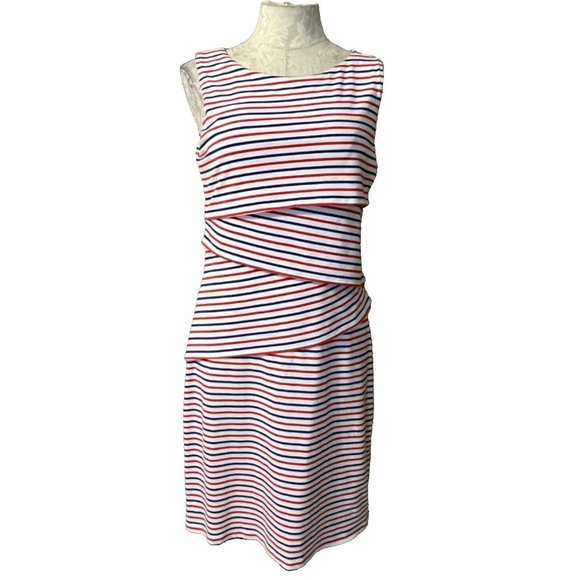 J. McLaughlin Dress M Medium Stretch Stripes Red White Blue Tiered - Picture 1 of 7